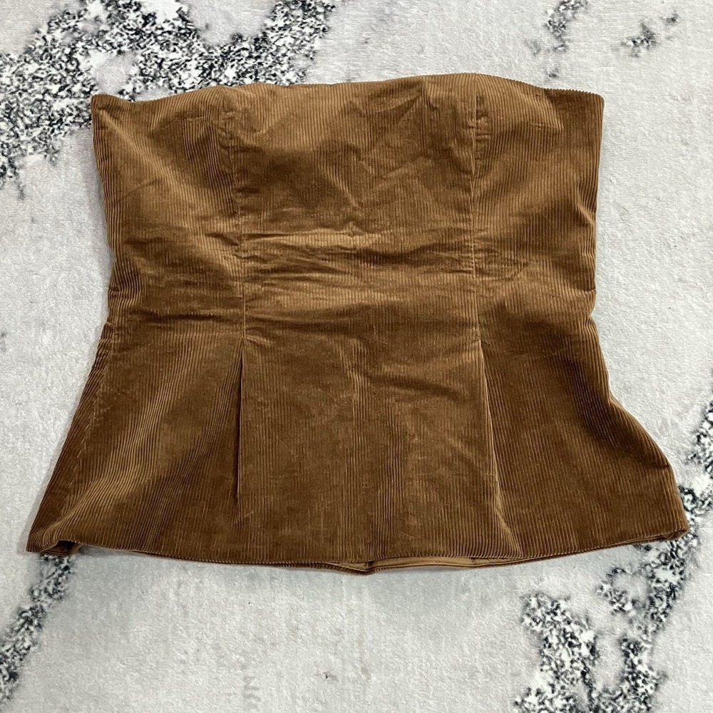 Zara Womens Size Large Brown Corduroy Strapless Corset Bustier Peplum Top
